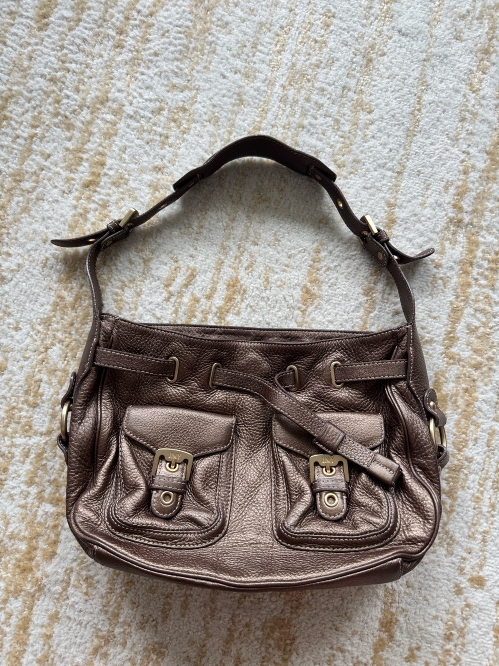 Vintage Y2K Jones New York Metallic Bronze Leather Cargo Shoulder Bag